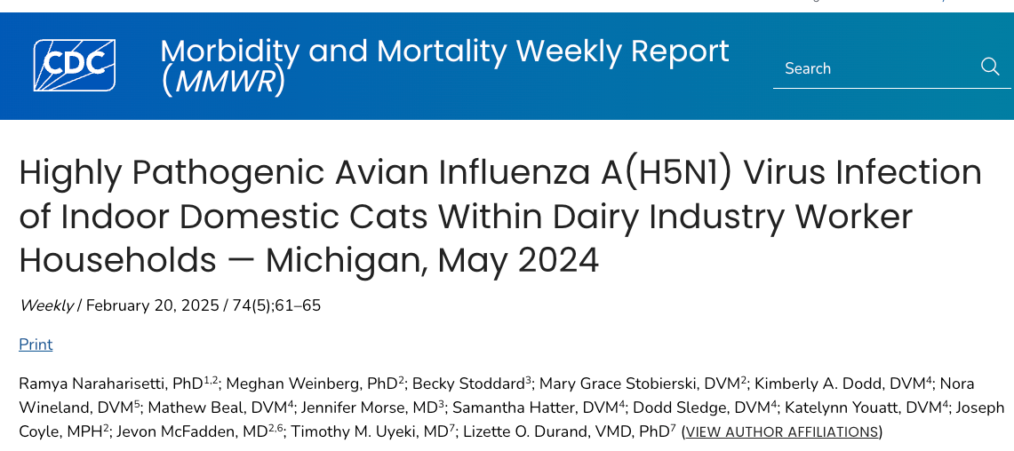 Highly Pathogenic Avian Influenza A(H5N1) Virus Infection of Indoor Domestic Cats Within Dairy Industry Worker Households — Michigan, May 2024